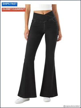 Women's High Rise Bell Bottom Flare Jeans Pull On No Zipper Pockets